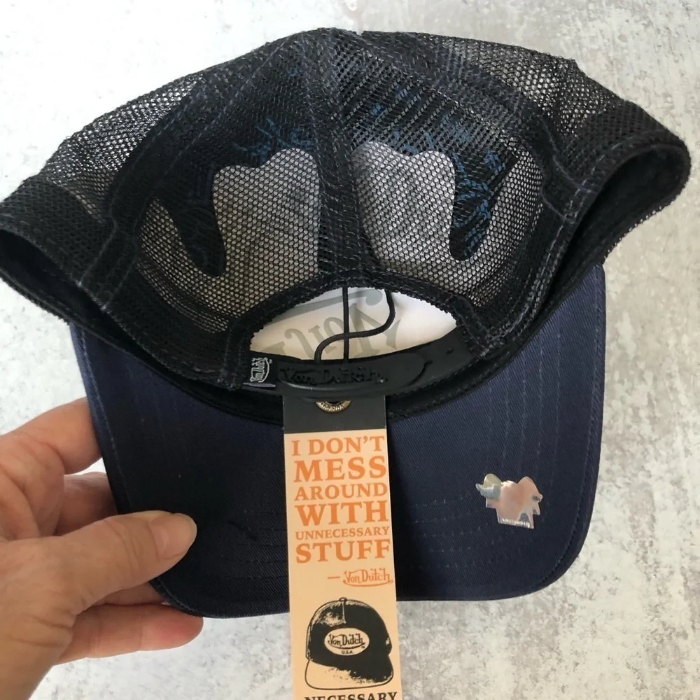 Von Dutch Trucker Hat Navy Blue Black Embroidered Logo Patch Mesh Snapback